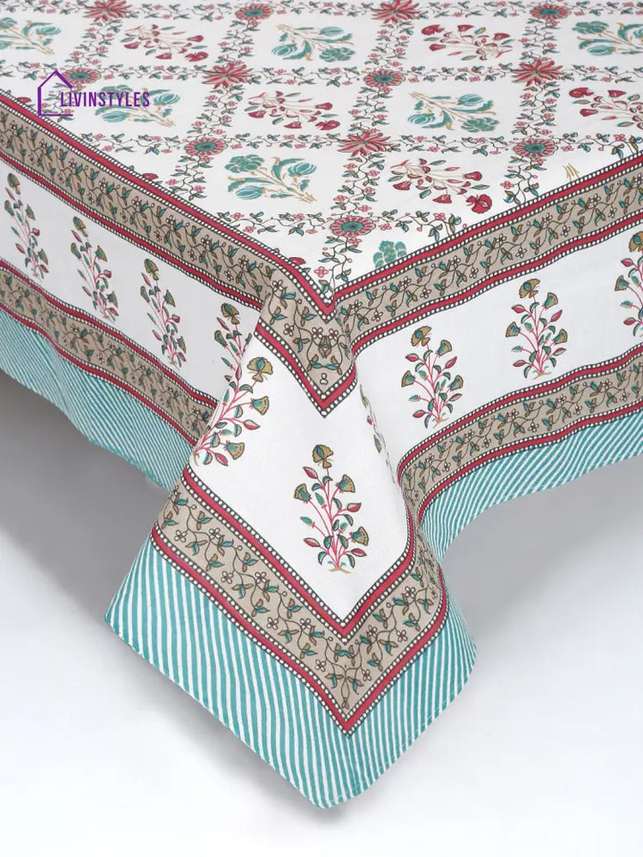 Rajasthan Decor White Cotton Floral Print Queen Bed Sheet With 2 Pillow Covers