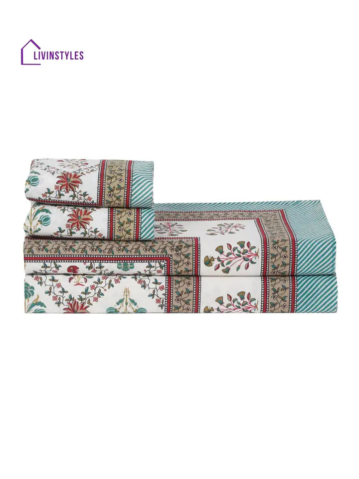 Rajasthan Decor White Cotton Floral Print Queen Bed Sheet With 2 Pillow Covers