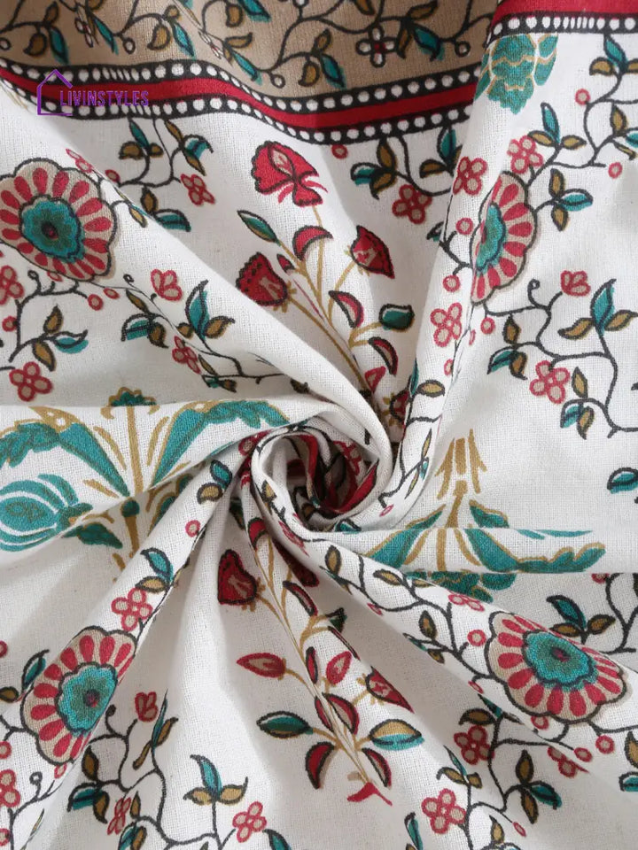 Rajasthan Decor White Cotton Floral Print Queen Bed Sheet With 2 Pillow Covers