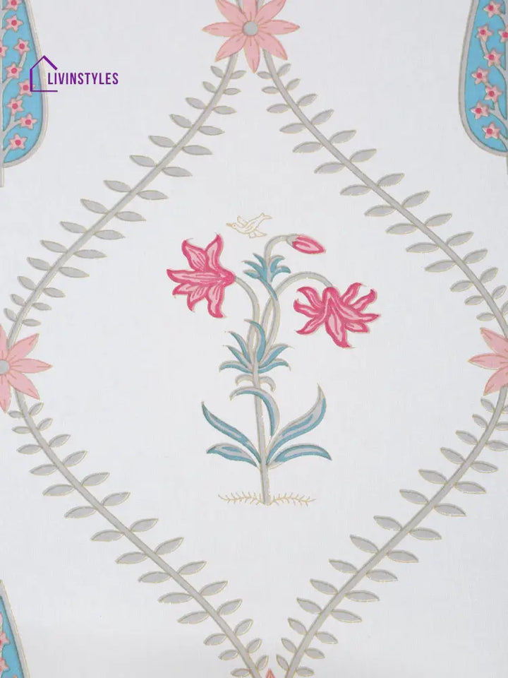 Rajasthan Decor White Cotton Floral Print Queen Bed Sheet With 2 Pillow Covers