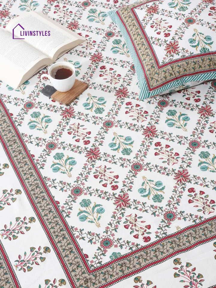 Rajasthan Decor White Cotton Floral Print Queen Bed Sheet With 2 Pillow Covers