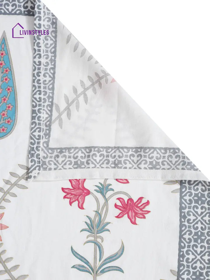 Rajasthan Decor White Cotton Floral Print Queen Bed Sheet With 2 Pillow Covers