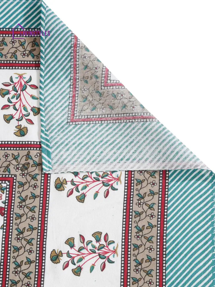 Rajasthan Decor White Cotton Floral Print Queen Bed Sheet With 2 Pillow Covers