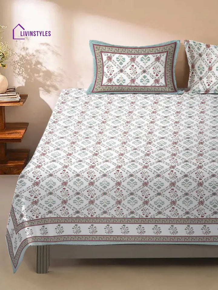 Rajasthan Decor White Cotton Floral Print Queen Bed Sheet With 2 Pillow Covers