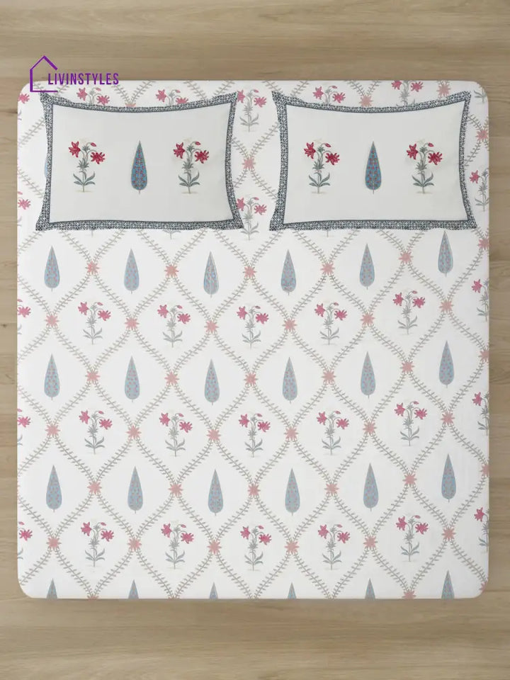 Rajasthan Decor White Cotton Floral Print Queen Bed Sheet With 2 Pillow Covers