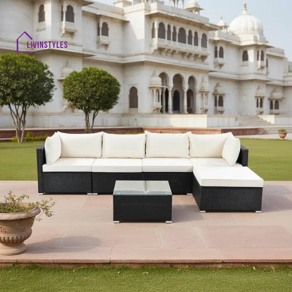 Rajesh Outdoor Patio Sofa Set 4 Seater And 1 Table With Ottoman (Black + Cream) Sets