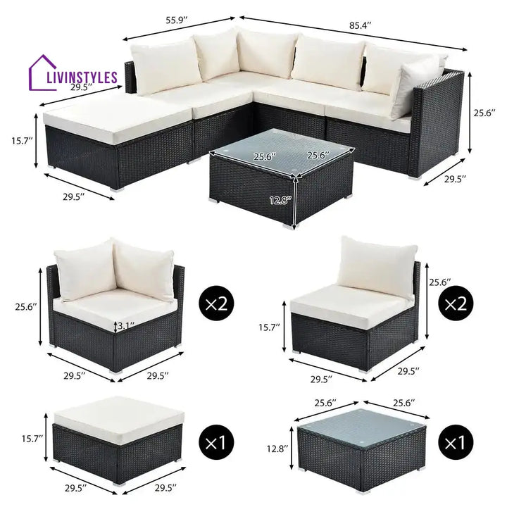 Rajesh Outdoor Patio Sofa Set 4 Seater And 1 Table With Ottoman (Black + Cream) Sets