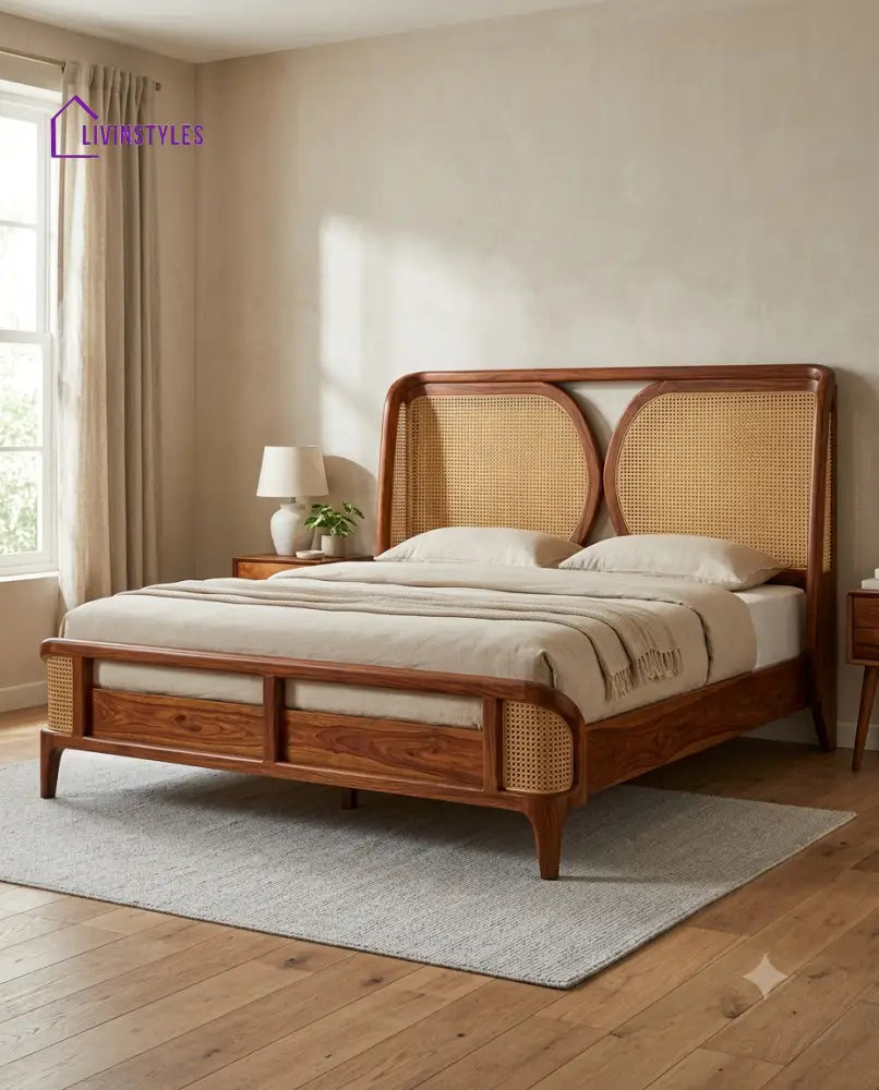 Rajesh Wooden Bed with Cane Weaving Headboard Design | Bed without Storage