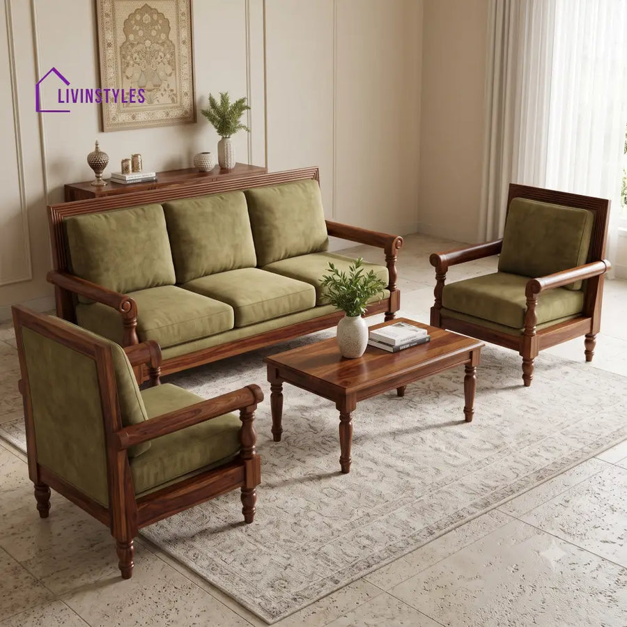 Rajeshwari Wooden Sofa Set | 3 + 1 + 1 Sheesham Wood Sofa Set for Living Room