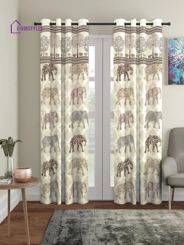 Rajsthan Decor Animal Print Beige Color Cotton Door Curtain Set Of 2 (51X85 Inch)