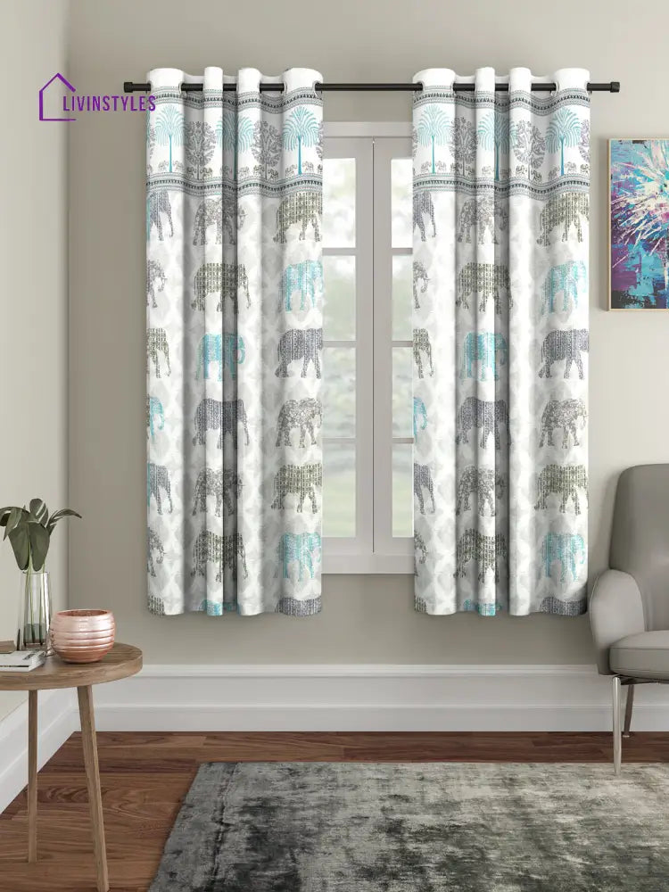 Rajsthan Decor Animal Print White Color Cotton Window Curtain Set Of 2 (51X62 Inch)