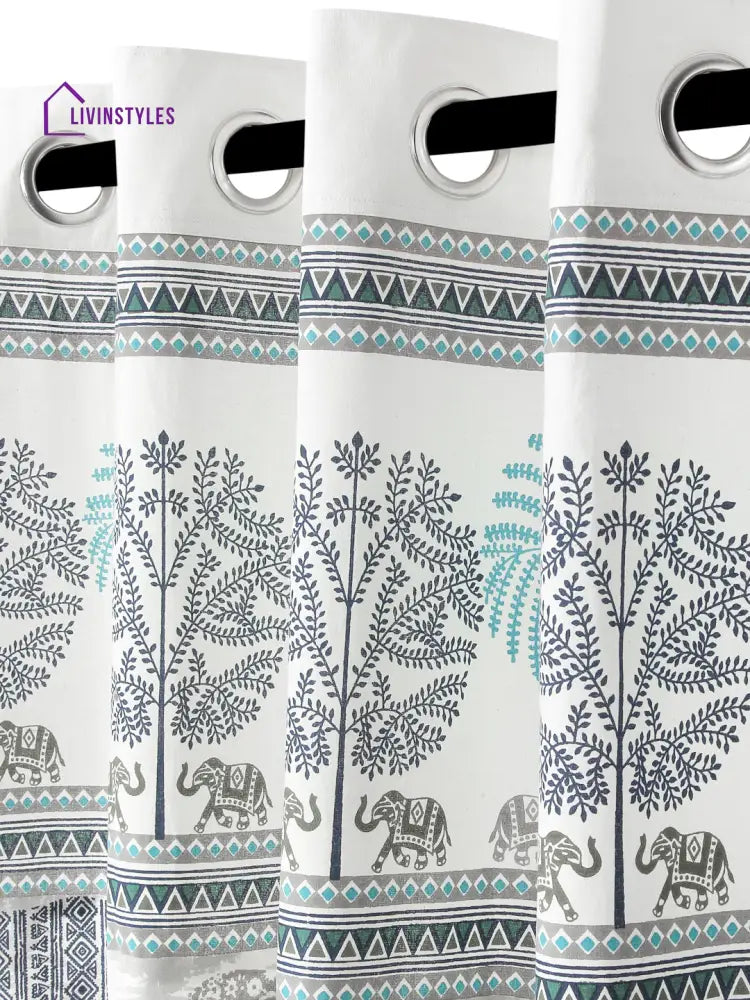Rajsthan Decor Animal Print White Color Cotton Window Curtain Set Of 2 (51X62 Inch)