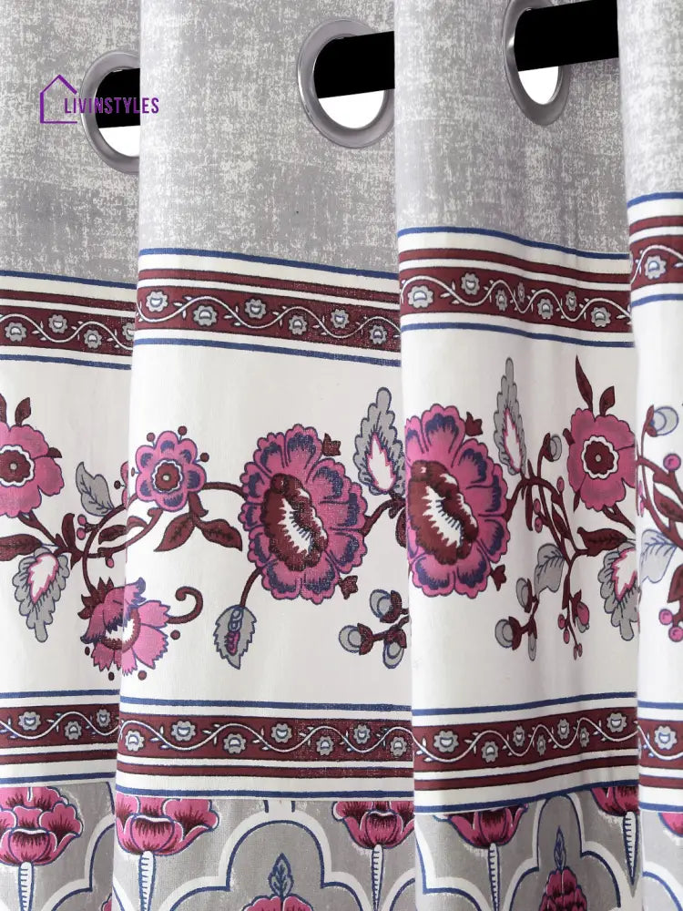 Rajsthan Décor Screen Print Cotton Grey Floral Long Door Curtain Set Of 2 (54X110 Inch)
