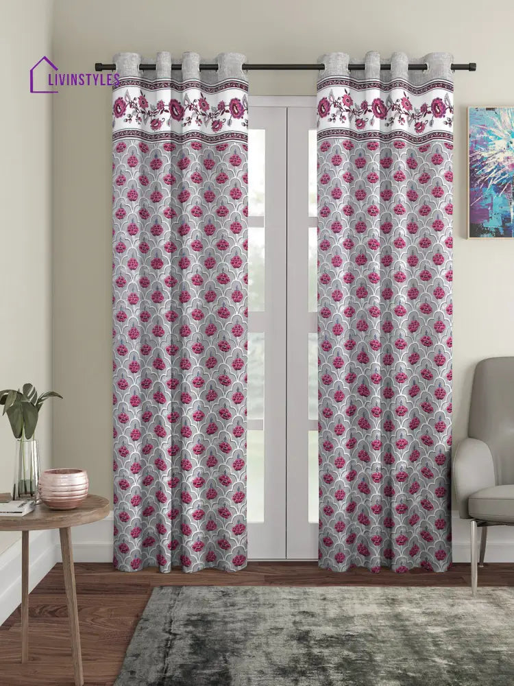 Rajsthan Décor Screen Print Cotton Grey Floral Long Door Curtain Set Of 2 (54X110 Inch)