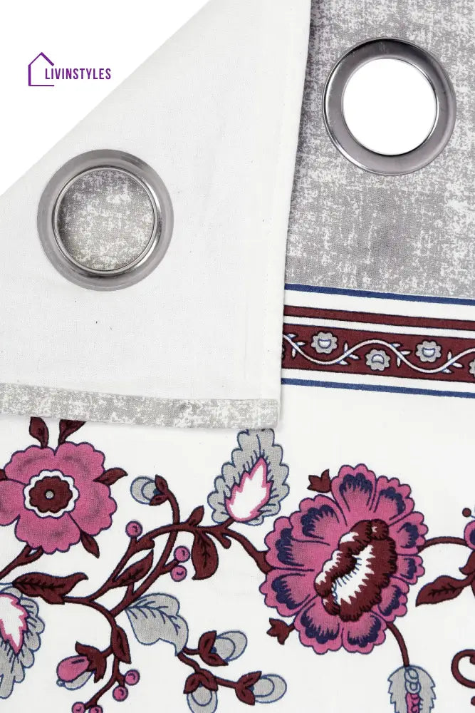 Rajsthan Décor Screen Print Cotton Grey Floral Long Door Curtain Set Of 2 (54X110 Inch)