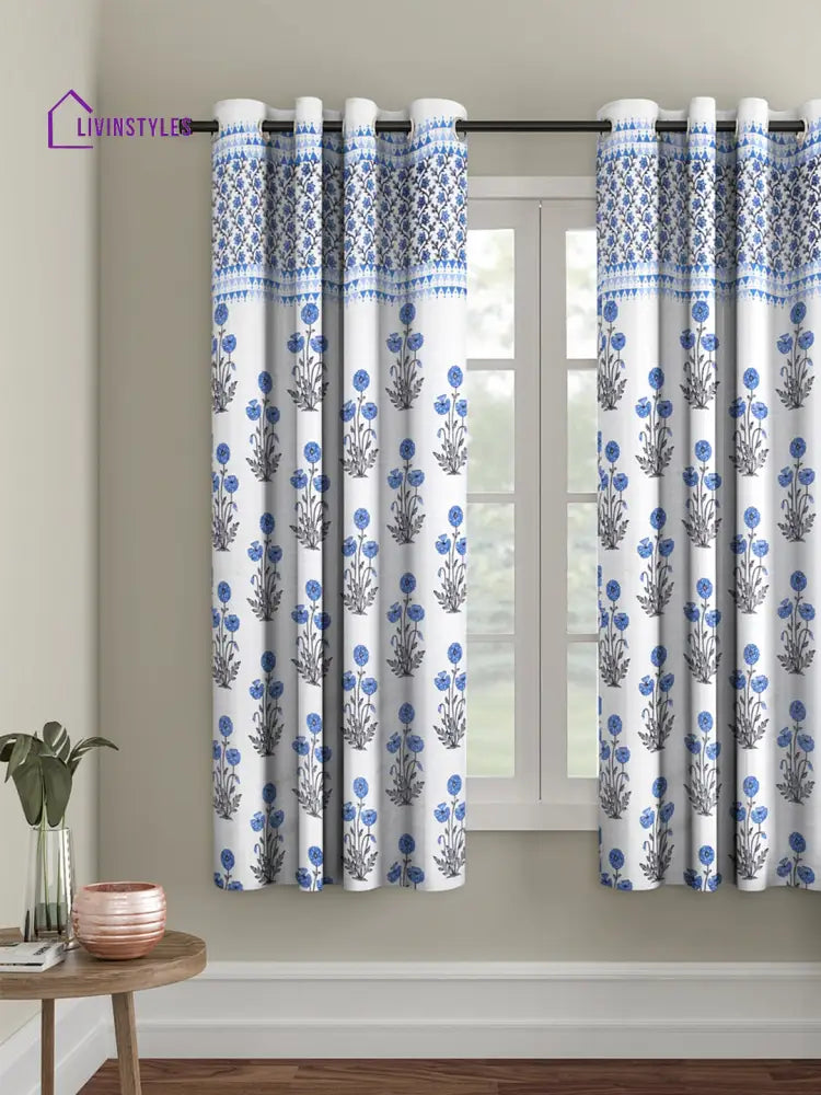 Rajsthan Decor Screen Print Cotton White And Blue Floral Window Curtain Single Pc (51X62 Inch)