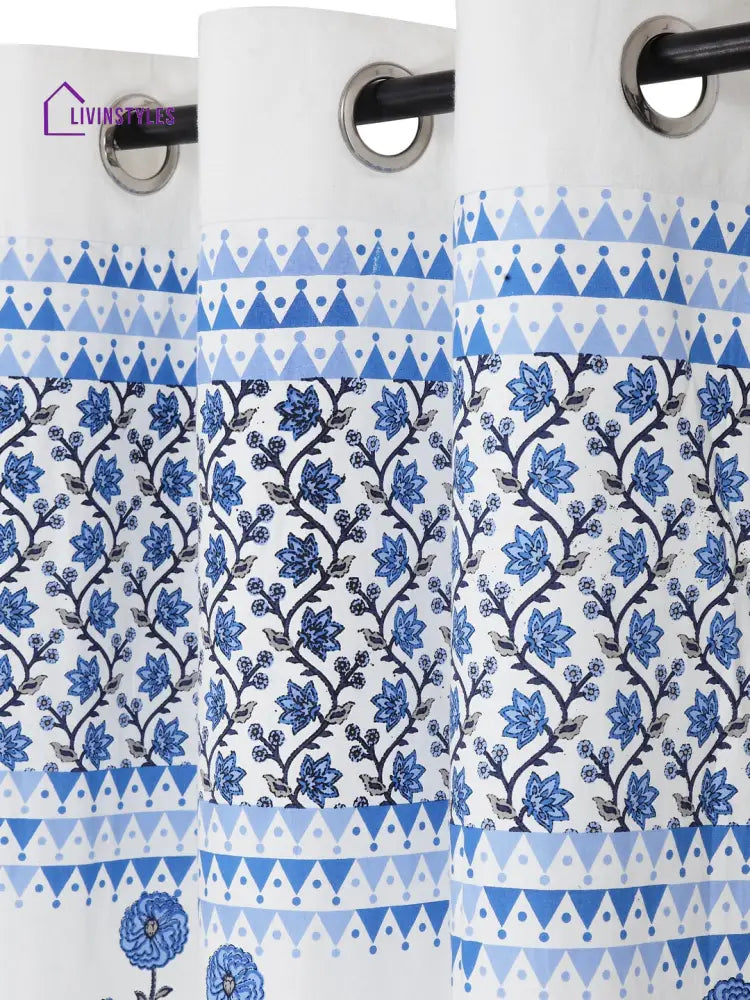 Rajsthan Decor Screen Print Cotton White And Blue Floral Window Curtain Single Pc (51X62 Inch)