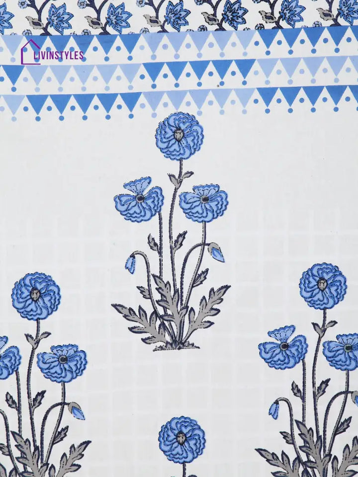 Rajsthan Decor Screen Print Cotton White And Blue Floral Window Curtain Single Pc (51X62 Inch)