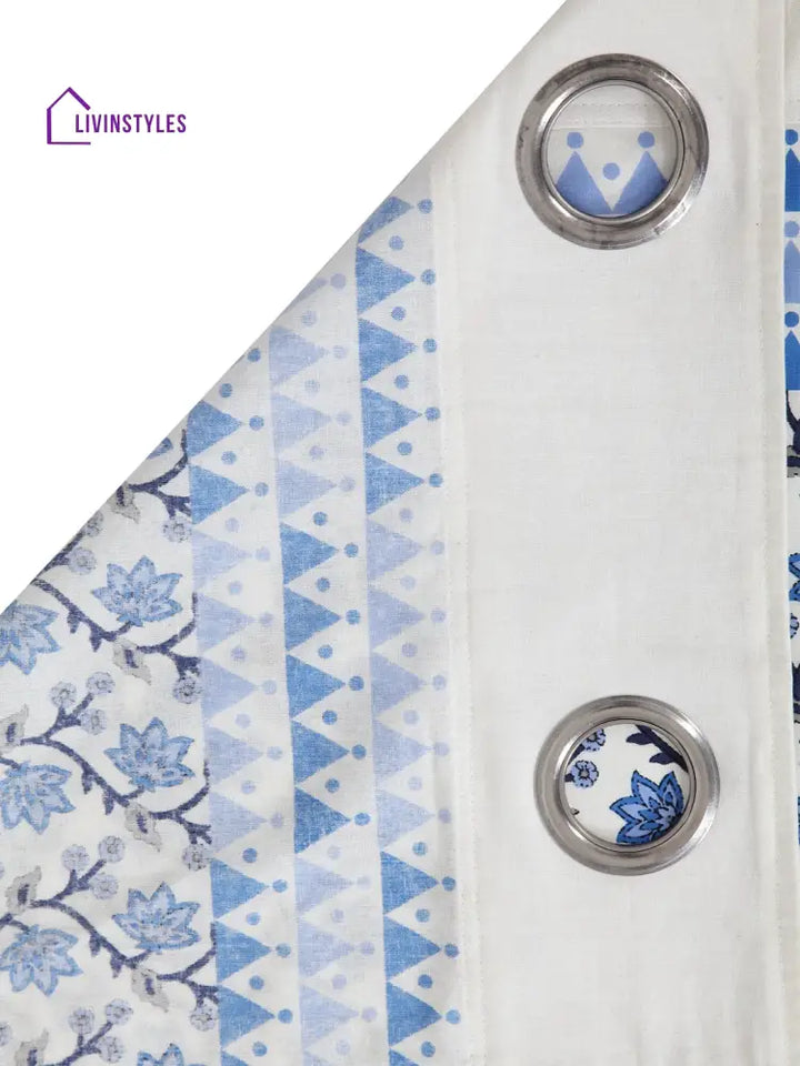 Rajsthan Decor Screen Print Cotton White And Blue Floral Window Curtain Single Pc (51X62 Inch)