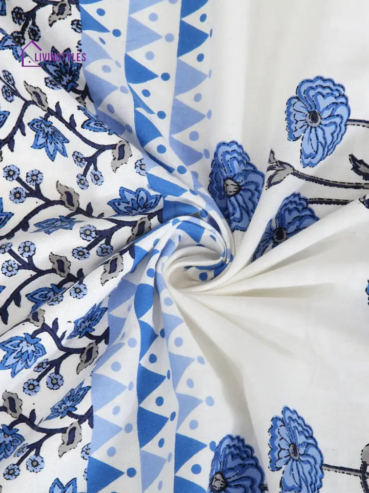 Rajsthan Decor Screen Print Cotton White And Blue Floral Window Curtain Single Pc (51X62 Inch)