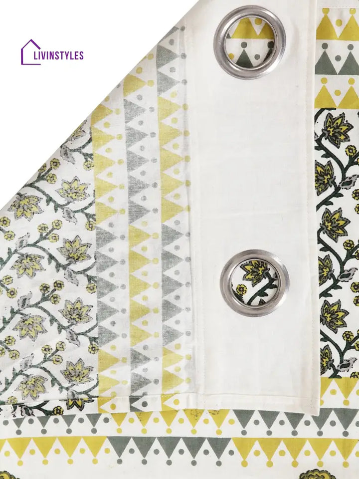 Rajsthan Decor Screen Print Cotton White And Yellow Floral Door Curtain Single Pc (51X85 Inch)