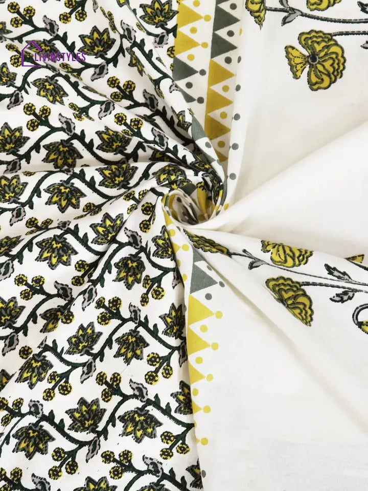 Rajsthan Decor Screen Print Cotton White And Yellow Floral Door Curtain Single Pc (51X85 Inch)