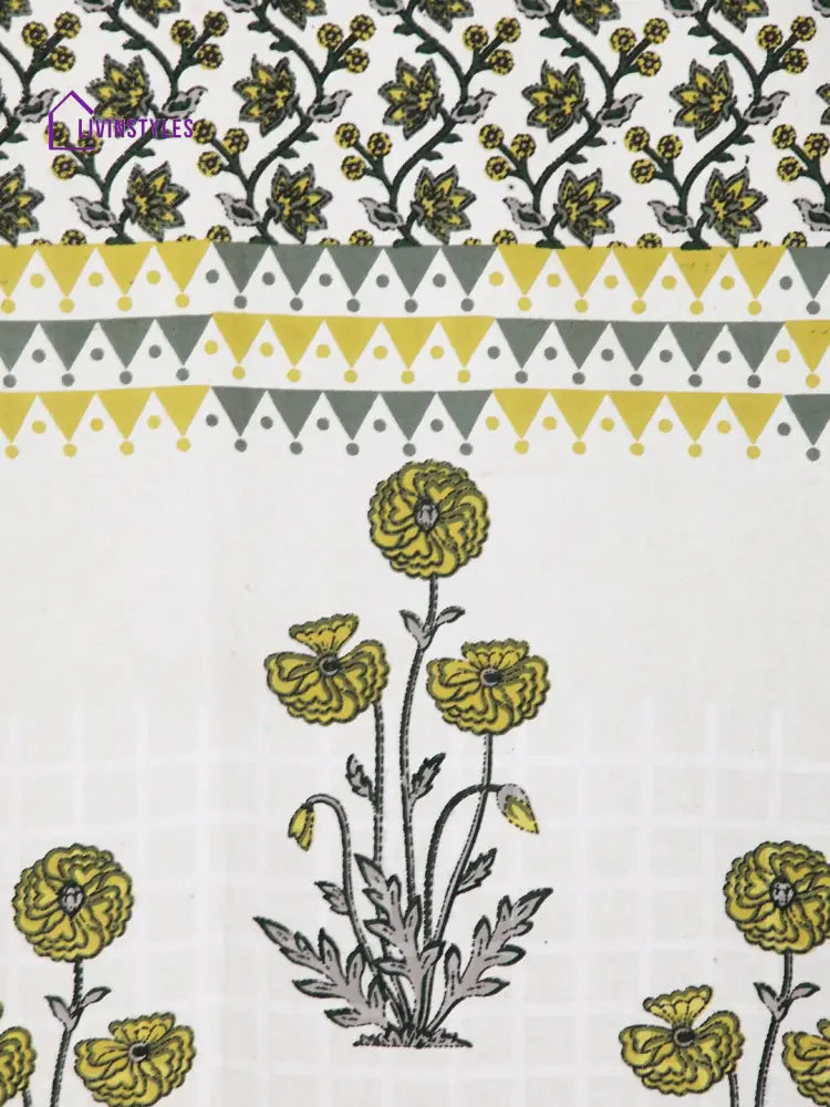 Rajsthan Decor Screen Print Cotton White And Yellow Floral Door Curtain Single Pc (51X85 Inch)