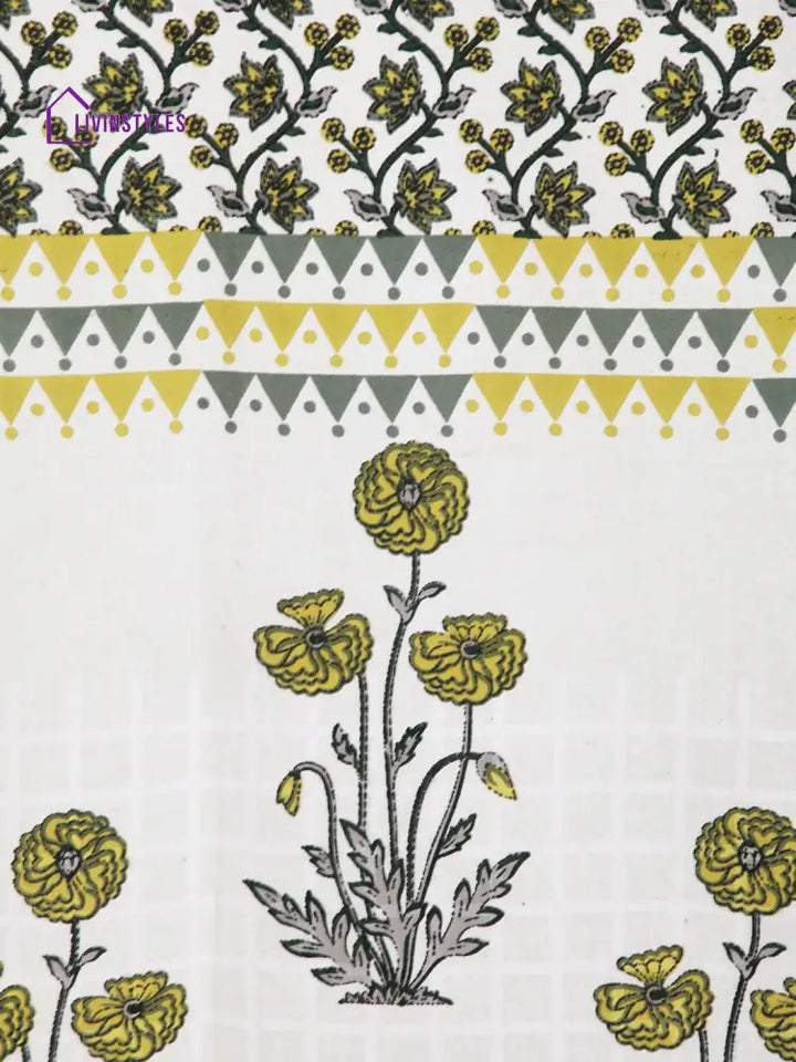 Rajsthan Decor Screen Print Cotton White And Yellow Floral Door Curtain Single Pc (51X85 Inch)