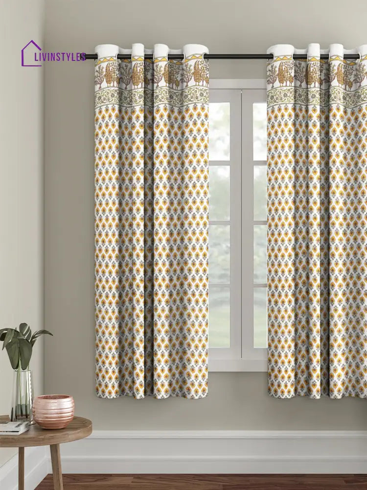 Rajsthan Decor Screen Print Cotton White And Yellow Floral Window Curtain Single Pc (51X62 Inch)
