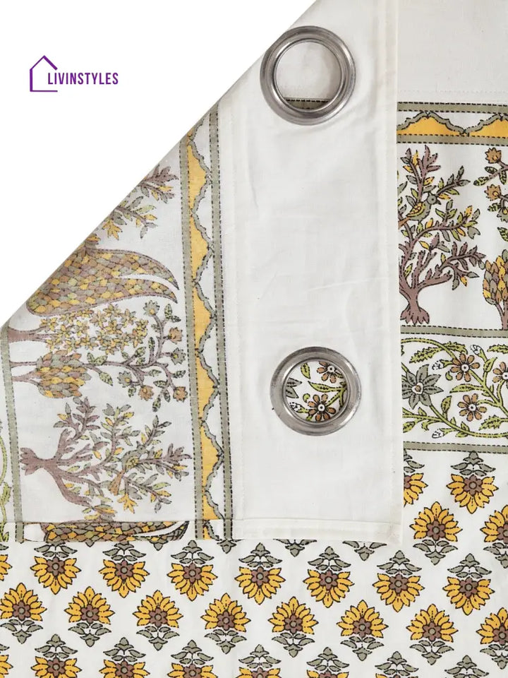 Rajsthan Decor Screen Print Cotton White And Yellow Floral Window Curtain Single Pc (51X62 Inch)