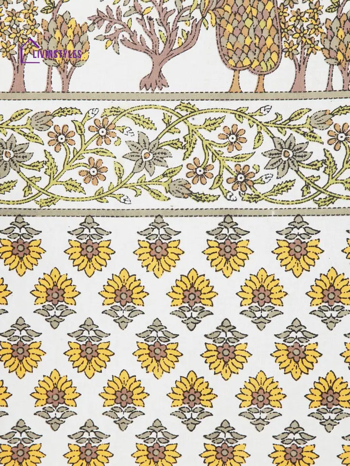 Rajsthan Decor Screen Print Cotton White And Yellow Floral Window Curtain Single Pc (51X62 Inch)
