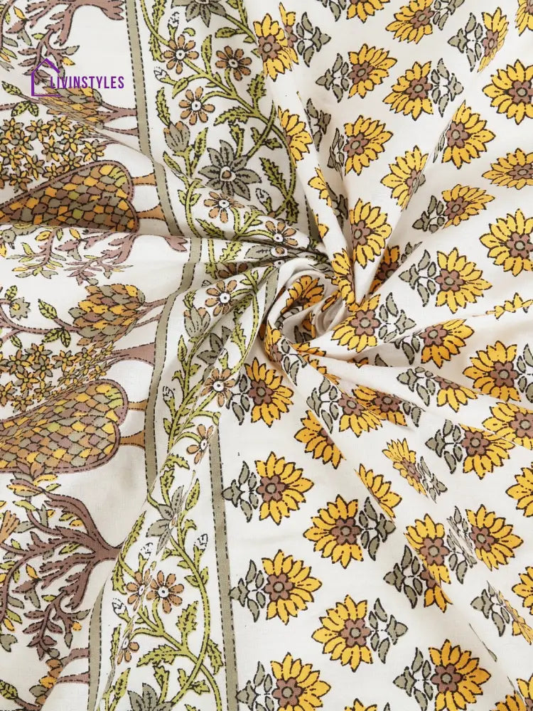 Rajsthan Decor Screen Print Cotton White And Yellow Floral Window Curtain Single Pc (51X62 Inch)