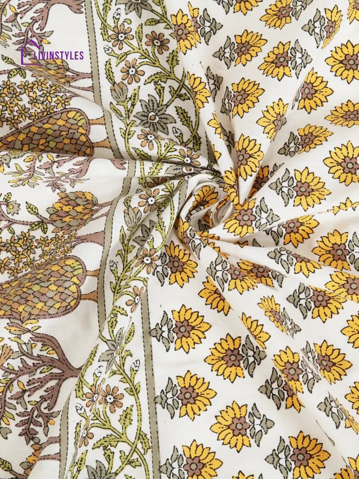 Rajsthan Decor Screen Print Cotton White And Yellow Floral Window Curtain Single Pc (51X62 Inch)
