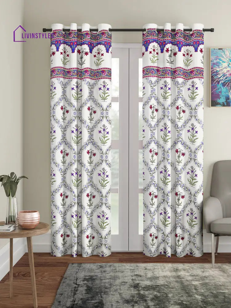 Rajsthan Decor Screen Print Cotton White Floral Long Door Curtain Set Of 2 (51X108 Inch)