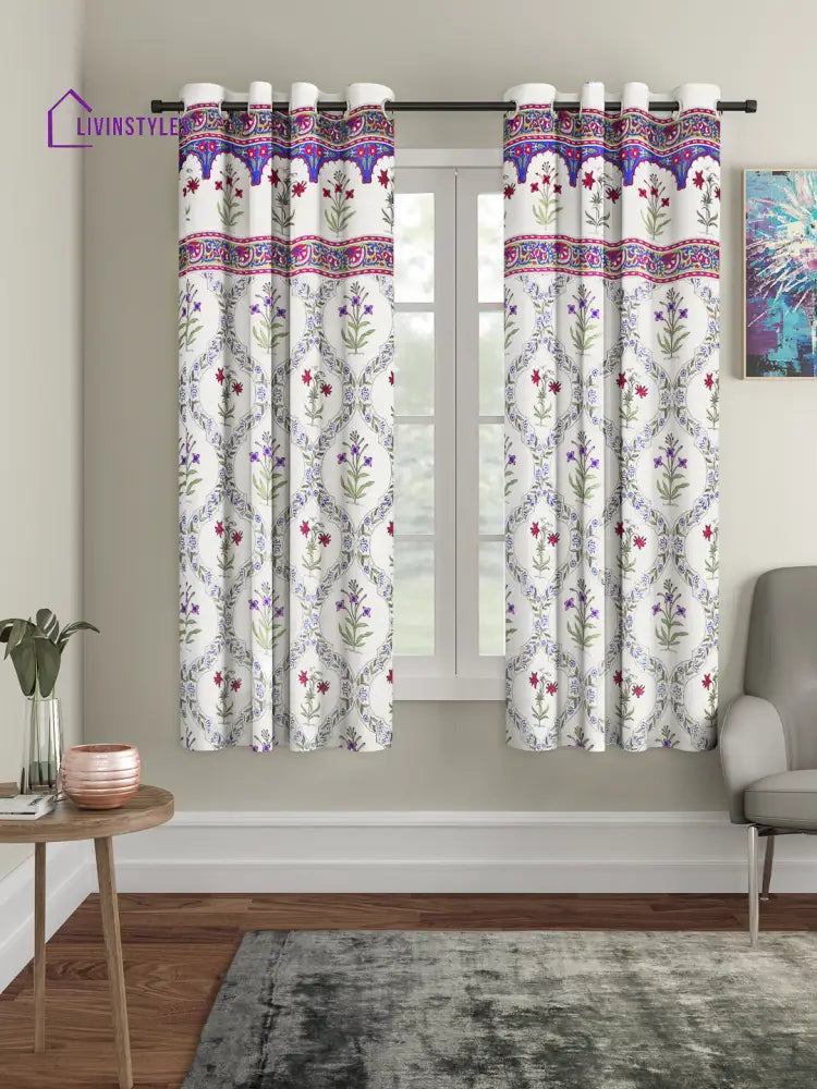 Rajsthan Decor Screen Print Cotton White Floral Window Curtain Set Of 2 (51X62 Inch)