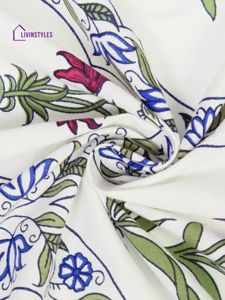 Rajsthan Decor Screen Print Cotton White Floral Window Curtain Set Of 2 (51X62 Inch)