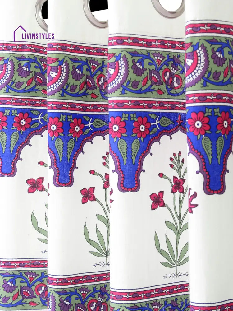 Rajsthan Decor Screen Print Cotton White Floral Window Curtain Set Of 2 (51X62 Inch)