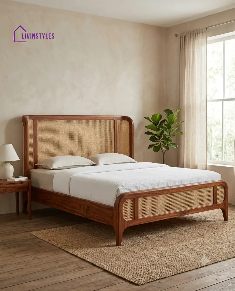 Rakesh Wooden Bed with Cane Weaving Headboard Design | Bed without Storage