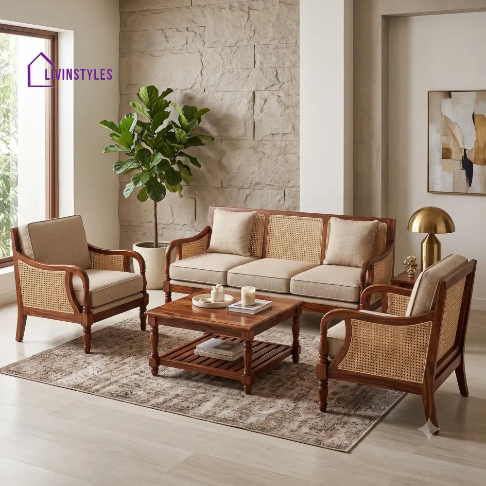 Rakshana Wooden Sofa Set | 3 + 1 + 1 Sheesham Wood Sofa Set for Living Room