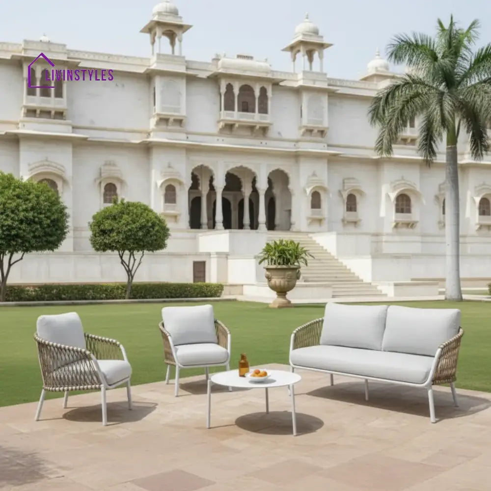 Rambo Outdoor Sofa Set 2 Seater 2 Single seater and 1 Center Table Set (White + Tan) Braided & Rope - Sofa Sets