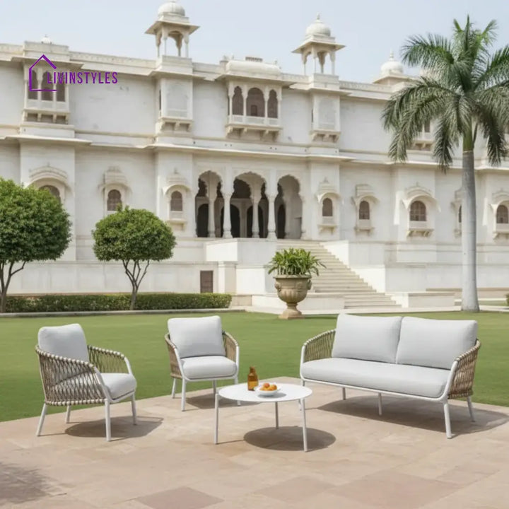 Rambo Outdoor Sofa Set 2 Seater 2 Single seater and 1 Center Table Set (White + Tan) Braided & Rope - Sofa Sets