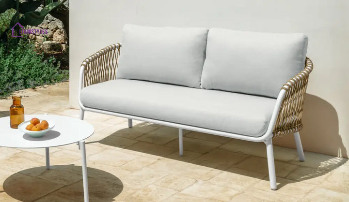 Rambo Outdoor Sofa Set 2 Seater 2 Single seater and 1 Center Table Set (White + Tan) Braided & Rope - Sofa Sets