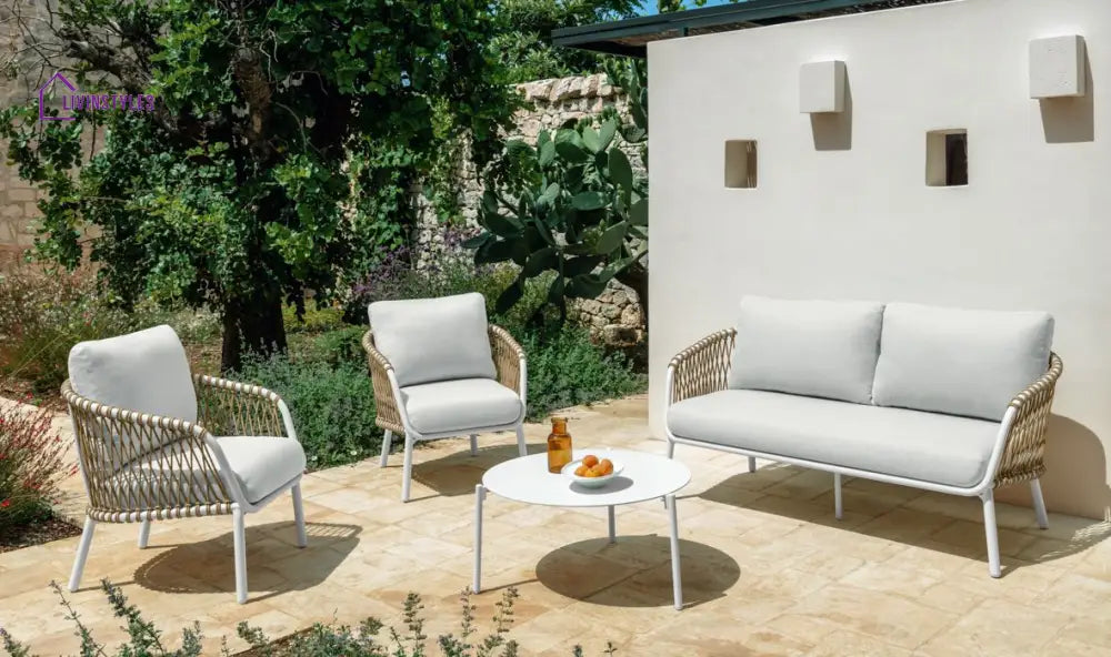 Rambo Outdoor Sofa Set 2 Seater 2 Single seater and 1 Center Table Set (White + Tan) Braided & Rope - Sofa Sets