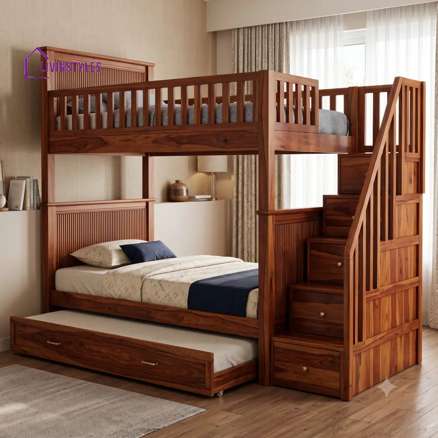 Ramesh Sheesham Wood Bunk Bed With Storage | Kids Bed