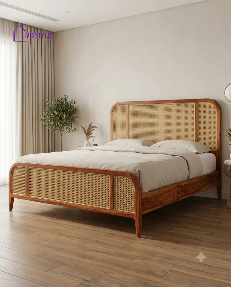 Ramesh Wooden Bed with Cane Weaving Headboard Design | Bed without Storage