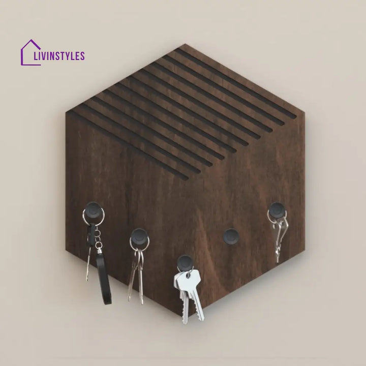 Ramnet Wall Mounted Decor Key Holder Hanger with 5 Hooks & Knobs (Brown Maple with 5 Black Knobs)