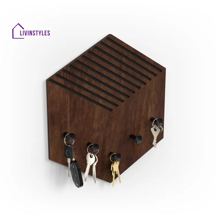 Ramnet Wall Mounted Decor Key Holder Hanger with 5 Hooks & Knobs (Brown Maple with 5 Black Knobs)