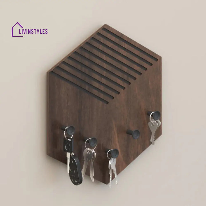 Ramnet Wall Mounted Decor Key Holder Hanger with 5 Hooks & Knobs (Brown Maple with 5 Black Knobs)