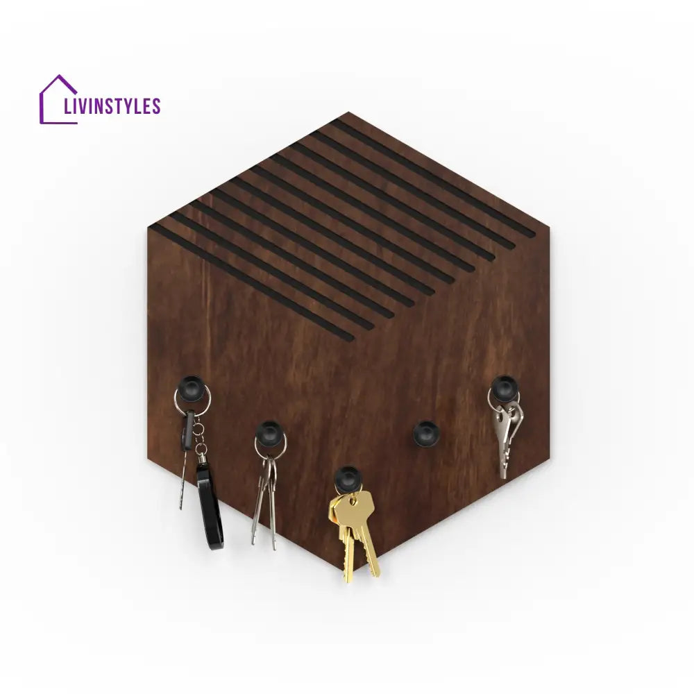Ramnet Wall Mounted Decor Key Holder Hanger with 5 Hooks & Knobs (Brown Maple with 5 Black Knobs)