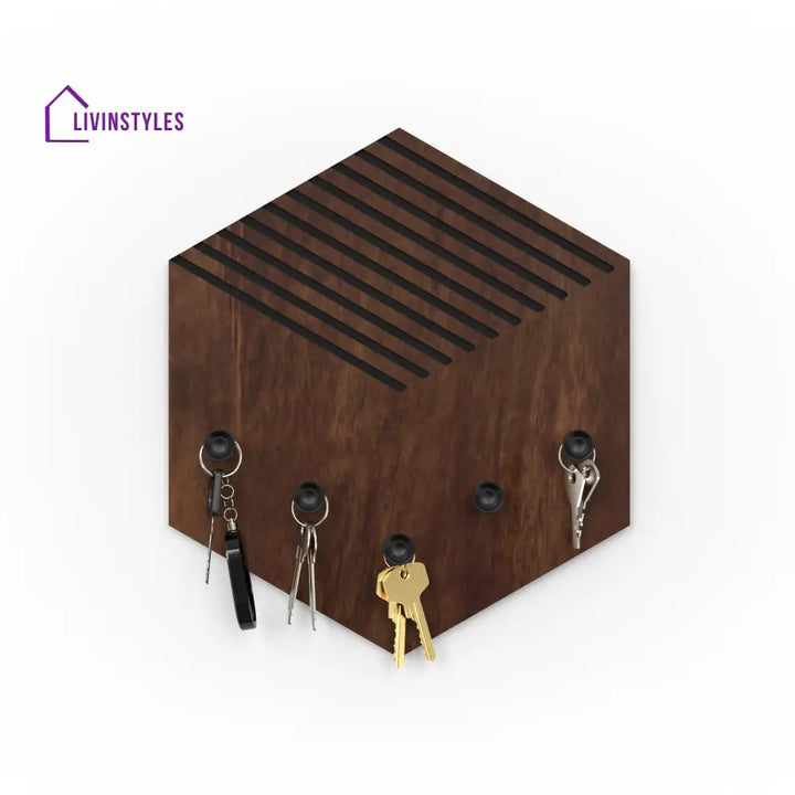 Ramnet Wall Mounted Decor Key Holder Hanger with 5 Hooks & Knobs (Brown Maple with 5 Black Knobs)